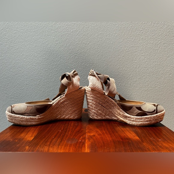 Coach Kellie Logo Ribbon Tie Espadrilles Closed Toe Wedges Sandals Raffia Shoes - Picture 8 of 16